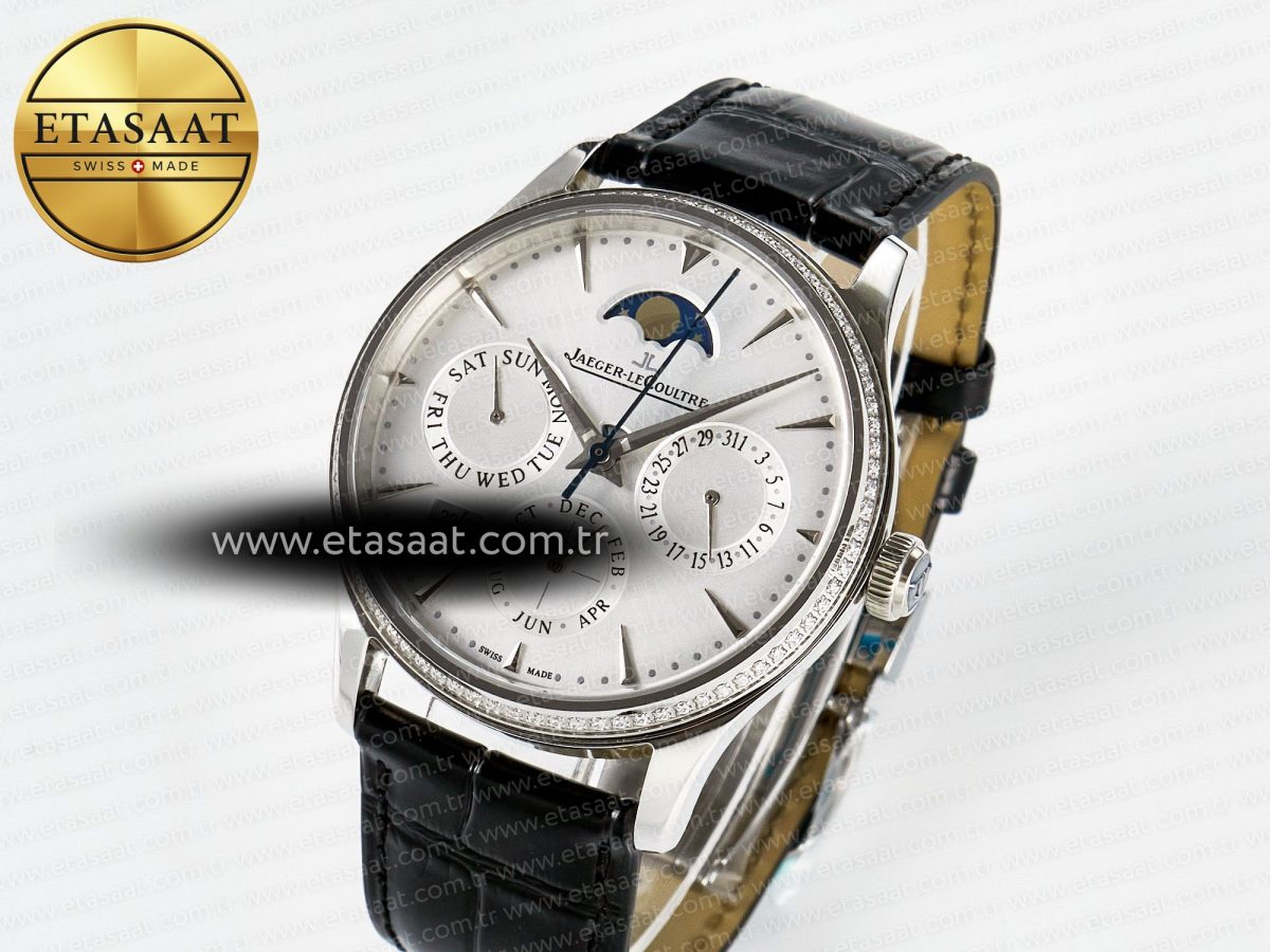 Master Ultra Thin Perpetual Calendar SS V9F 1:1 Best Edition White Dial Diamonds Bezel on Black Leather Strap A868 V2 - Görsel 2