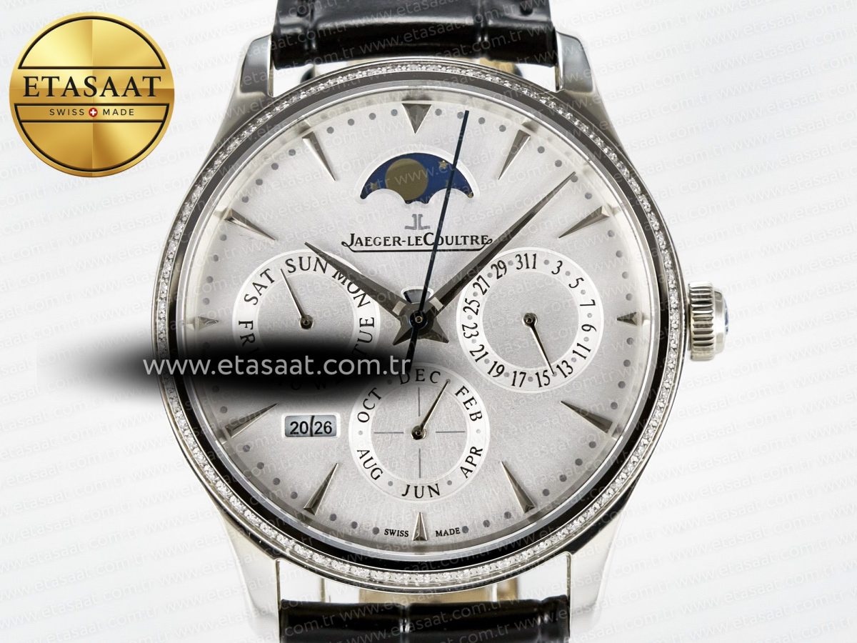 Master Ultra Thin Perpetual Calendar SS V9F 1:1 Best Edition White Dial Diamonds Bezel on Black Leather Strap A868 V2 - Görsel 4