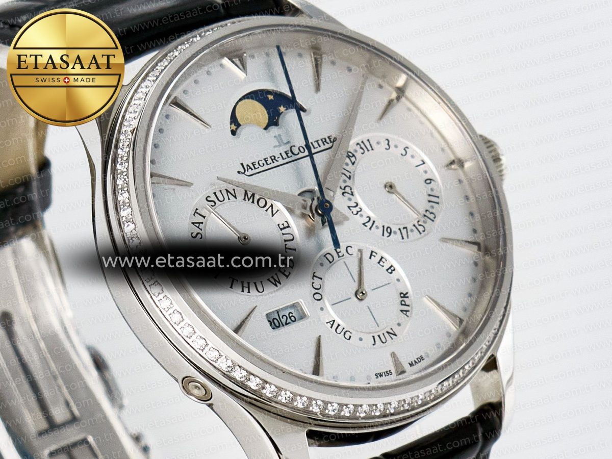 Master Ultra Thin Perpetual Calendar SS V9F 1:1 Best Edition White Dial Diamonds Bezel on Black Leather Strap A868 V2 - Görsel 5