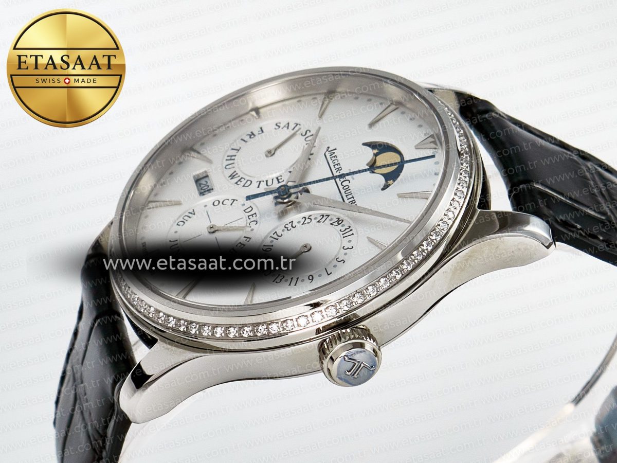 Master Ultra Thin Perpetual Calendar SS V9F 1:1 Best Edition White Dial Diamonds Bezel on Black Leather Strap A868 V2 - Görsel 6