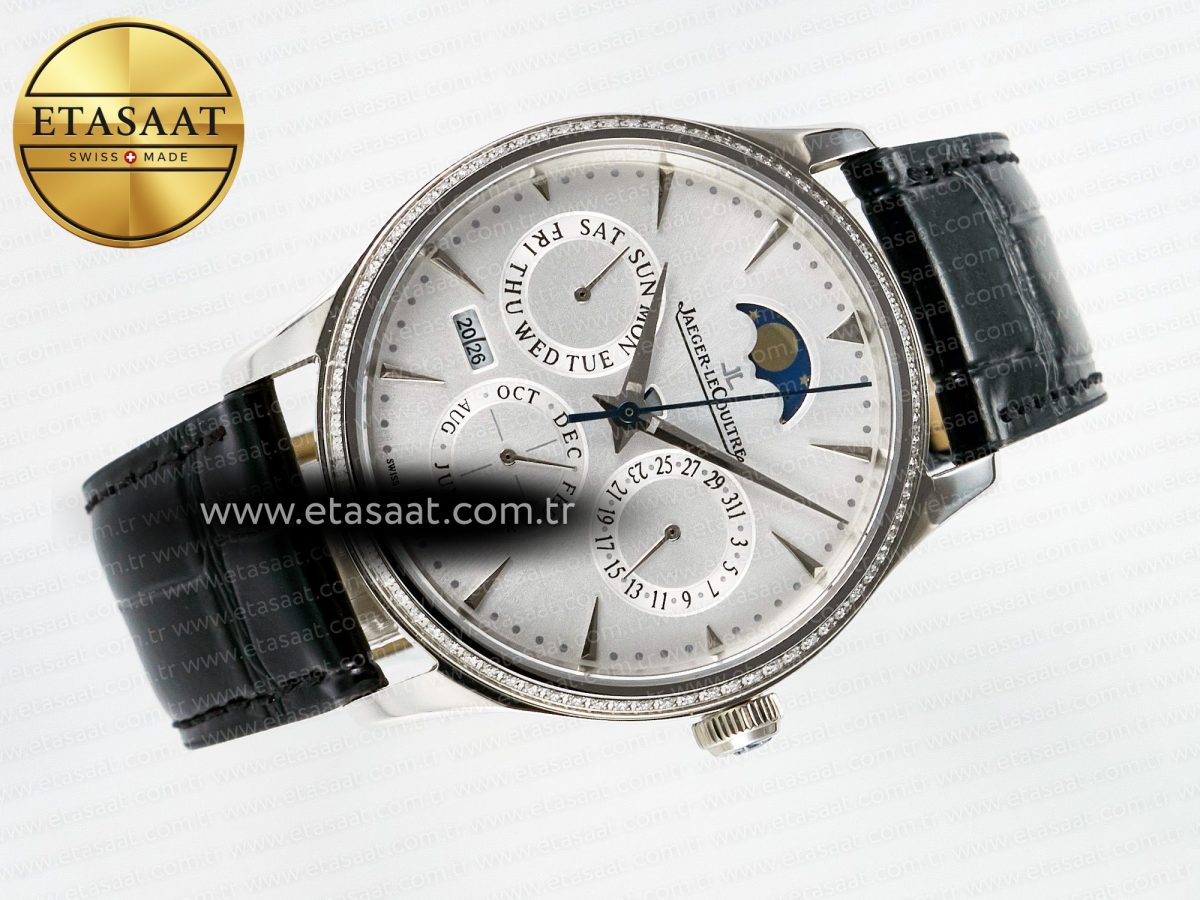 Master Ultra Thin Perpetual Calendar SS V9F 1:1 Best Edition White Dial Diamonds Bezel on Black Leather Strap A868 V2 - Görsel 8