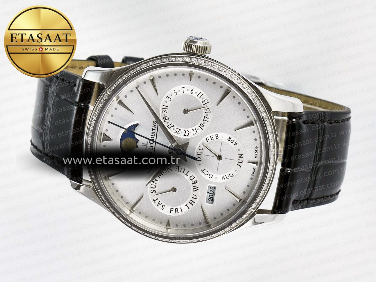 Master Ultra Thin Perpetual Calendar SS V9F 1:1 Best Edition White Dial Diamonds Bezel on Black Leather Strap A868 V2 - Görsel 9