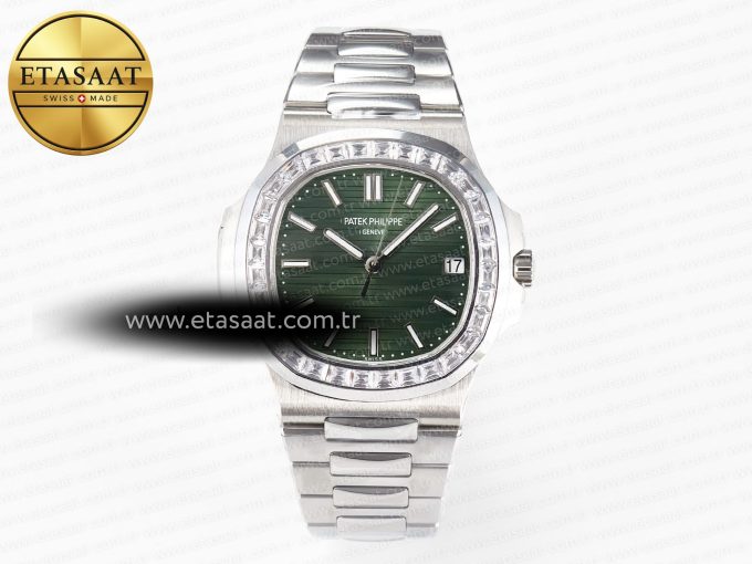 Nautilus 5711 3KF 1:1 Best Edition Square Diamonds Bezel Green Dial on SS Bracelet A324 Super Clone V2 - Görsel 3