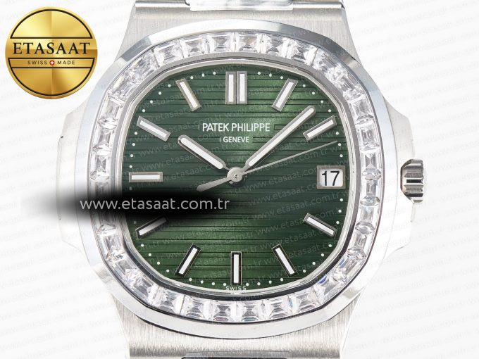 Nautilus 5711 3KF 1:1 Best Edition Square Diamonds Bezel Green Dial on SS Bracelet A324 Super Clone V2 - Görsel 4