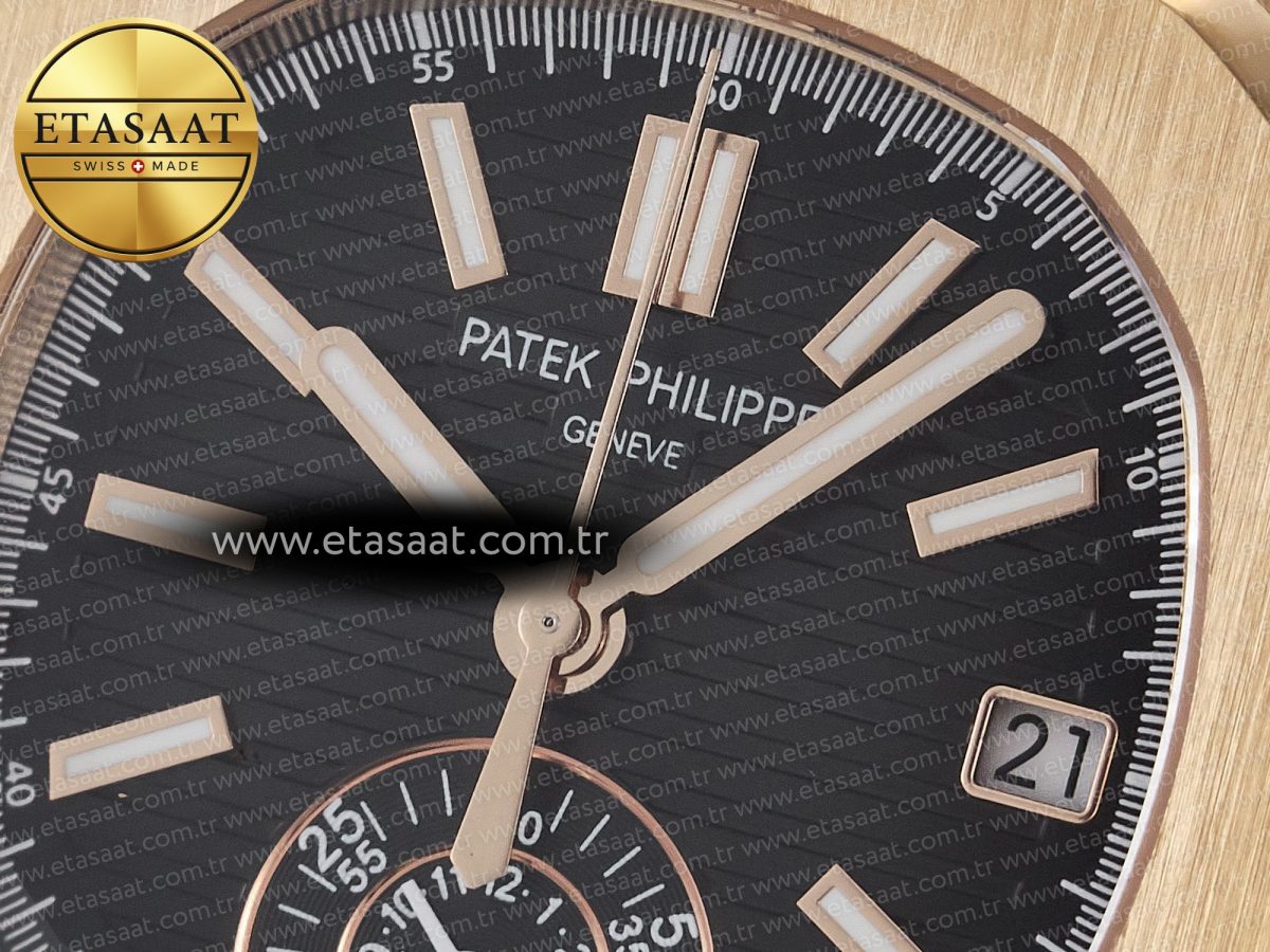 Patek Philippe Nautilus 5980 RG Black Dial on Brown Leather Strap A7750 - Görsel 10