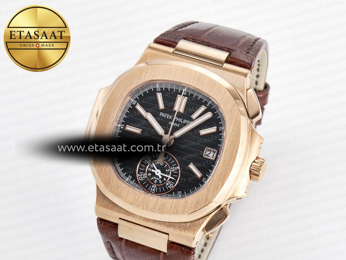 Patek Philippe Nautilus 5980 RG Black Dial on Brown Leather Strap A7750 - Görsel 2
