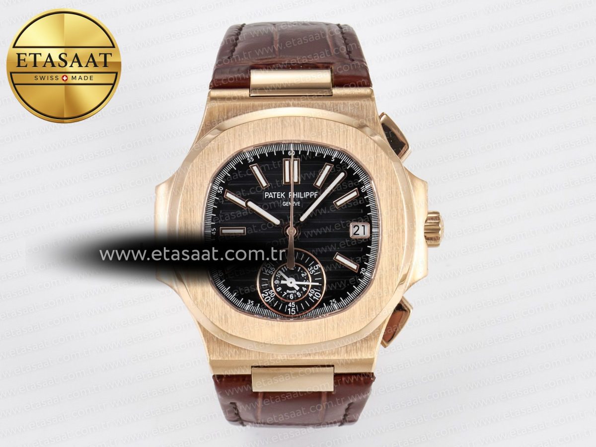 Patek Philippe Nautilus 5980 RG Black Dial on Brown Leather Strap A7750 - Görsel 3