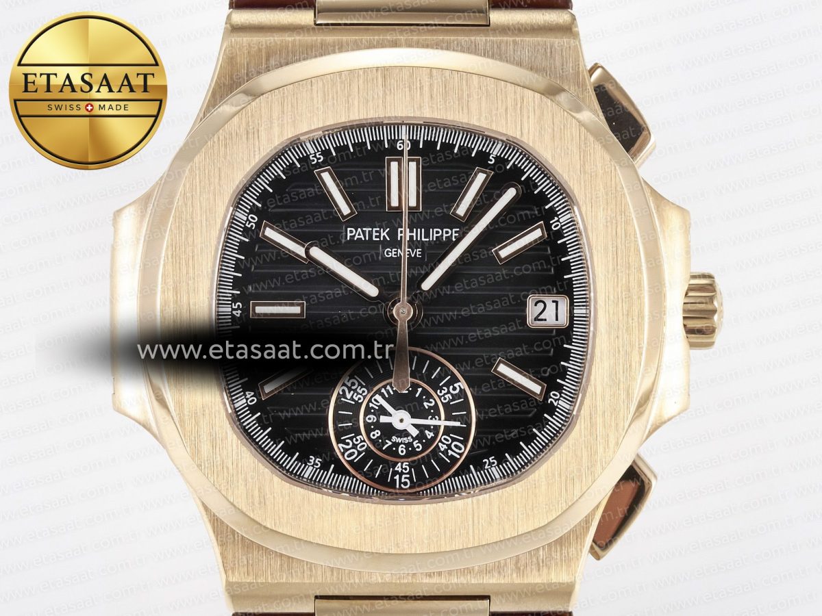 Patek Philippe Nautilus 5980 RG Black Dial on Brown Leather Strap A7750 - Görsel 4
