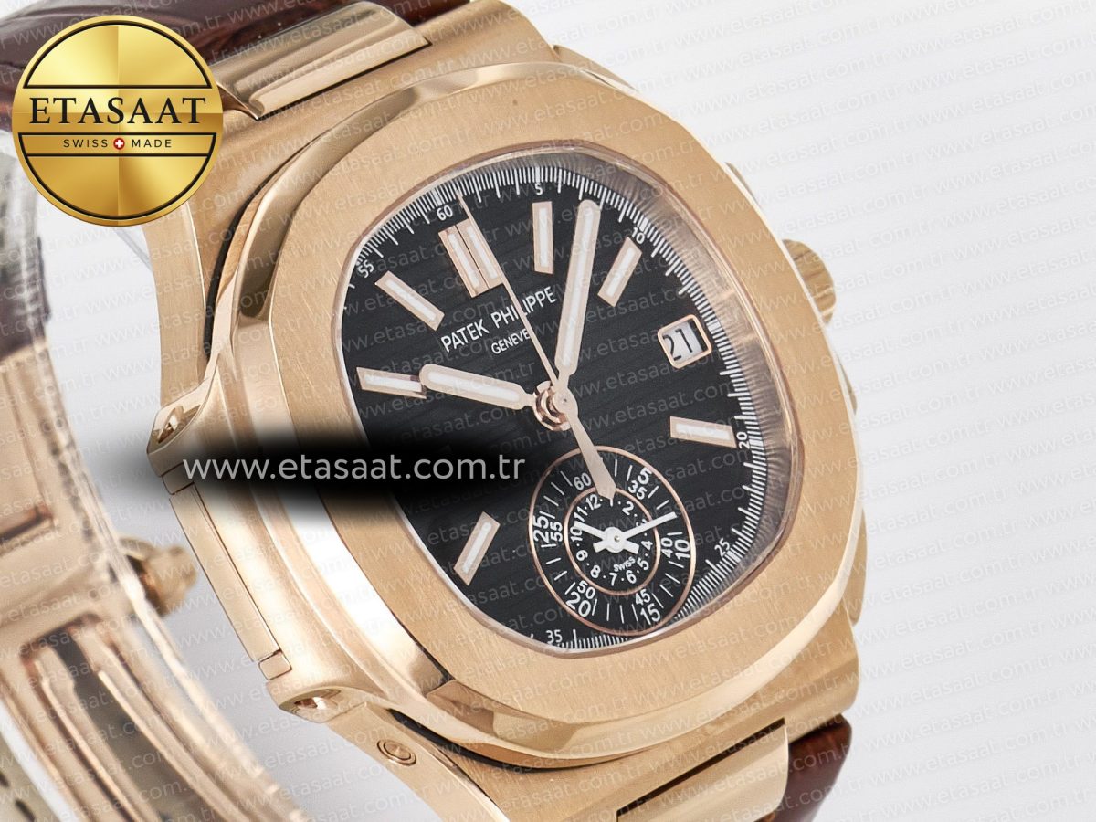 Patek Philippe Nautilus 5980 RG Black Dial on Brown Leather Strap A7750 - Görsel 5