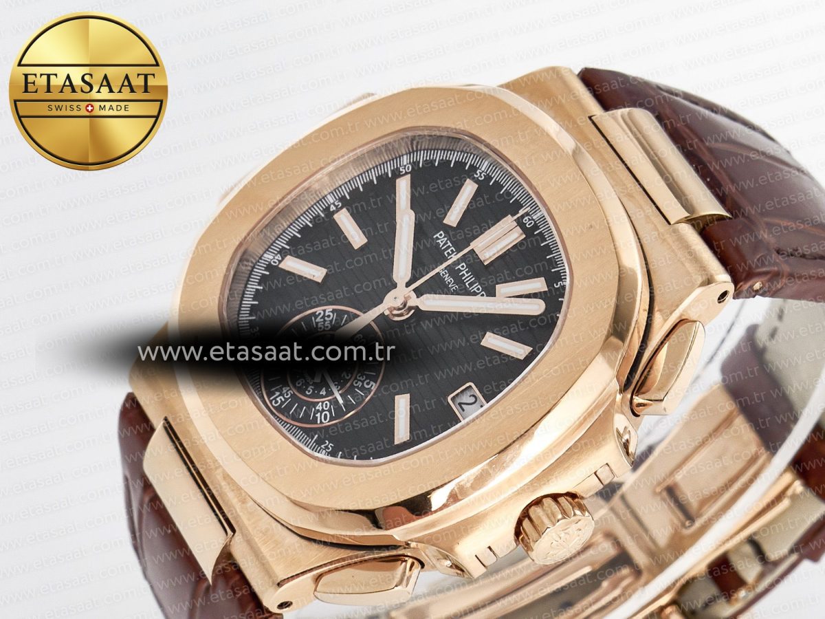 Patek Philippe Nautilus 5980 RG Black Dial on Brown Leather Strap A7750 - Görsel 6