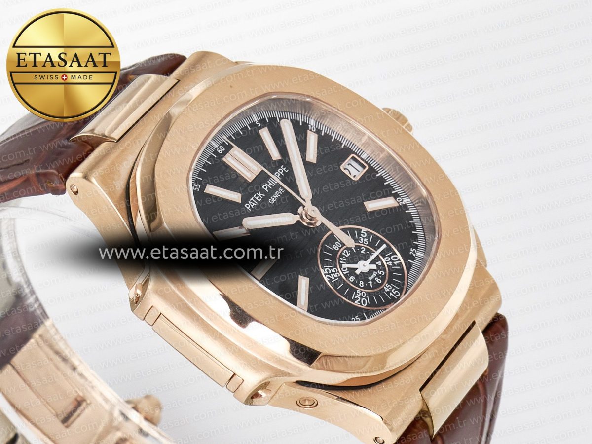 Patek Philippe Nautilus 5980 RG Black Dial on Brown Leather Strap A7750 - Görsel 7