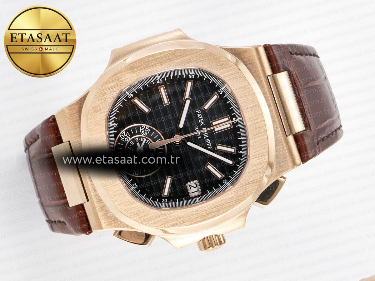 Patek Philippe Nautilus 5980 RG Black Dial on Brown Leather Strap A7750 - Görsel 8