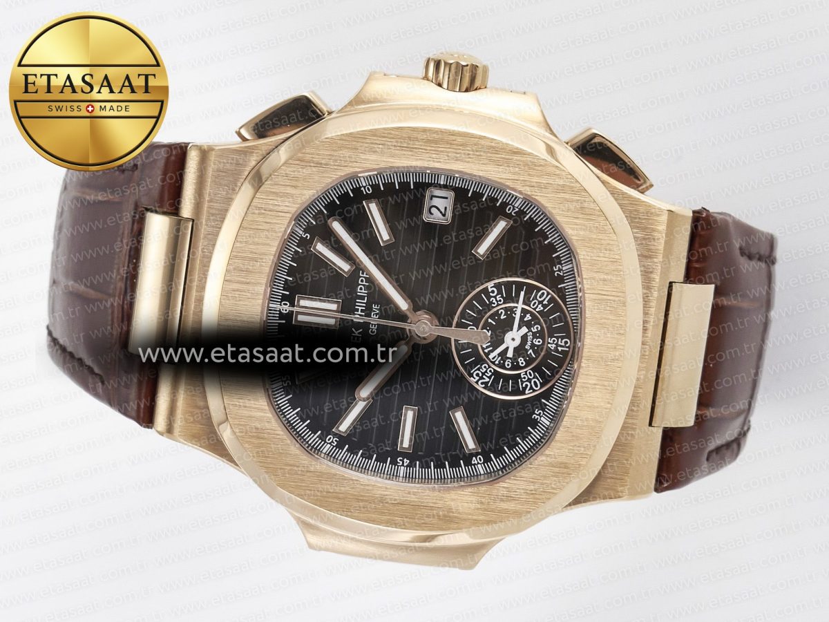 Patek Philippe Nautilus 5980 RG Black Dial on Brown Leather Strap A7750 - Görsel 9