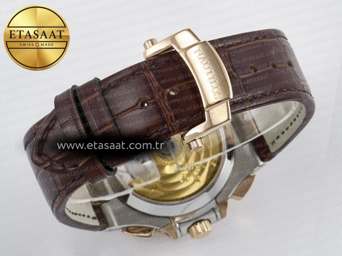 Patek Philippe Nautilus 5980 RG Blue Dial on on Brown Leather Strap A7750 - Görsel 15