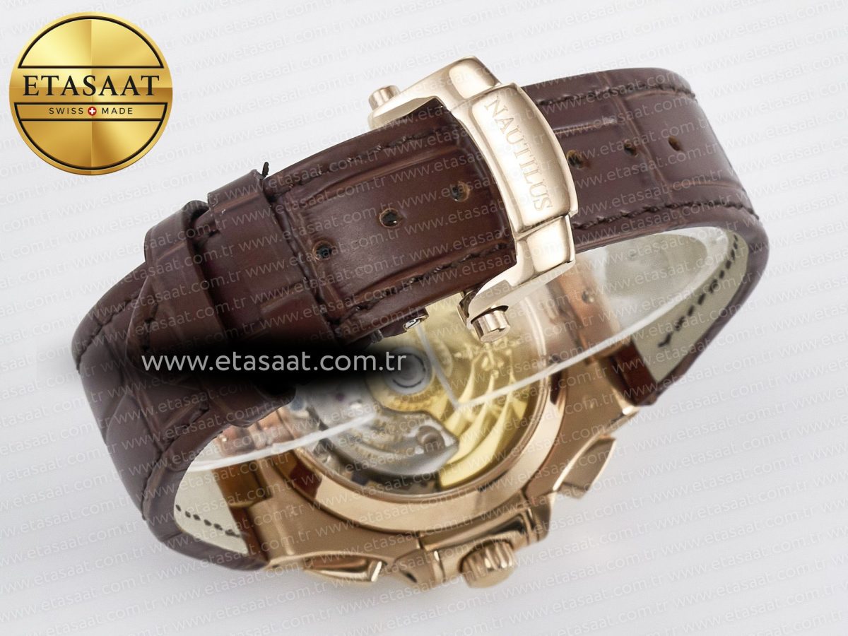 Patek Philippe Nautilus 5980 RG Brown/SS Dial on Brown Leather Strap A7750 - Görsel 14
