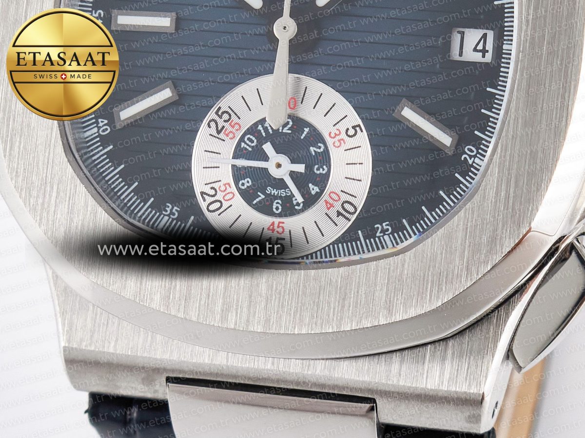 Patek Philippe Nautilus 5980 SS Blue/SS Dial on on Black Leather Strap A7750 - Görsel 12