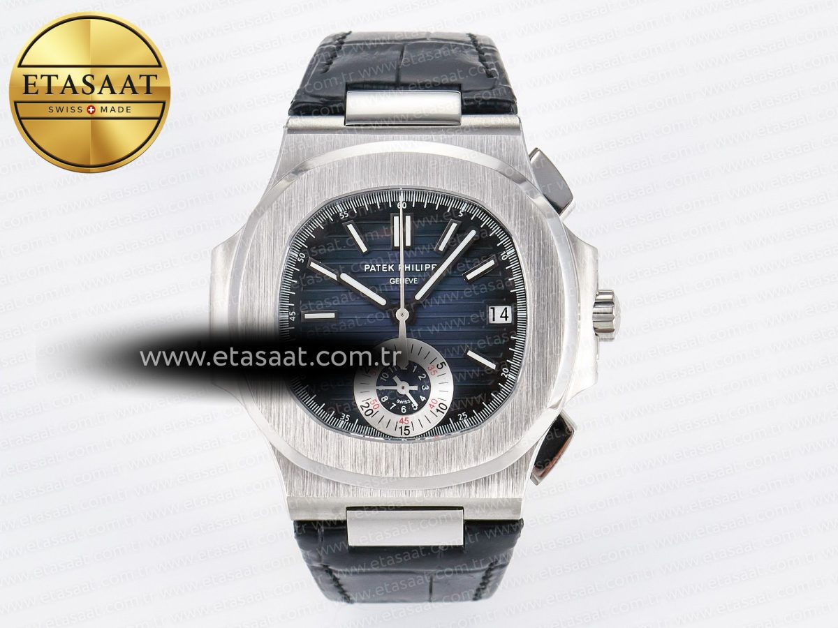 Patek Philippe Nautilus 5980 SS Blue/SS Dial on on Black Leather Strap A7750 - Görsel 3