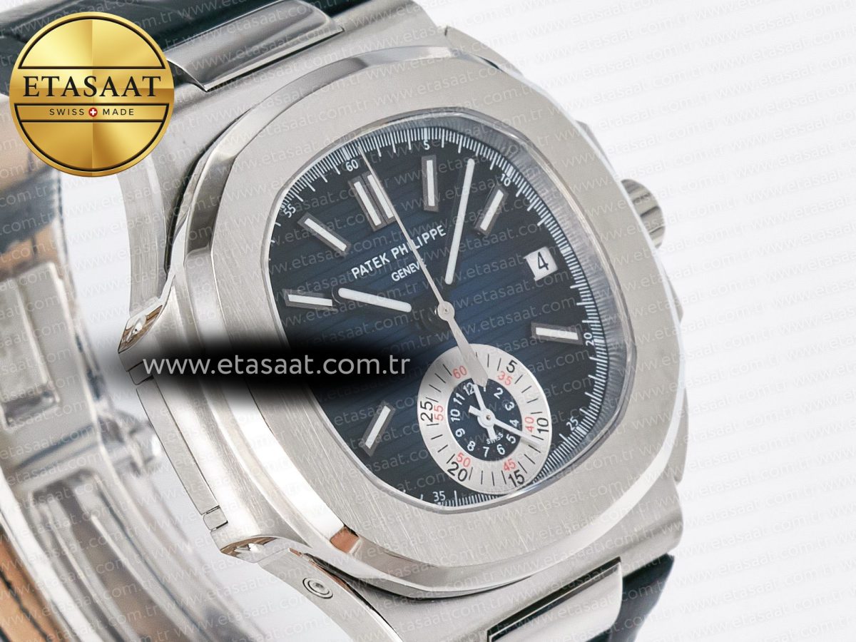 Patek Philippe Nautilus 5980 SS Blue/SS Dial on on Black Leather Strap A7750 - Görsel 5