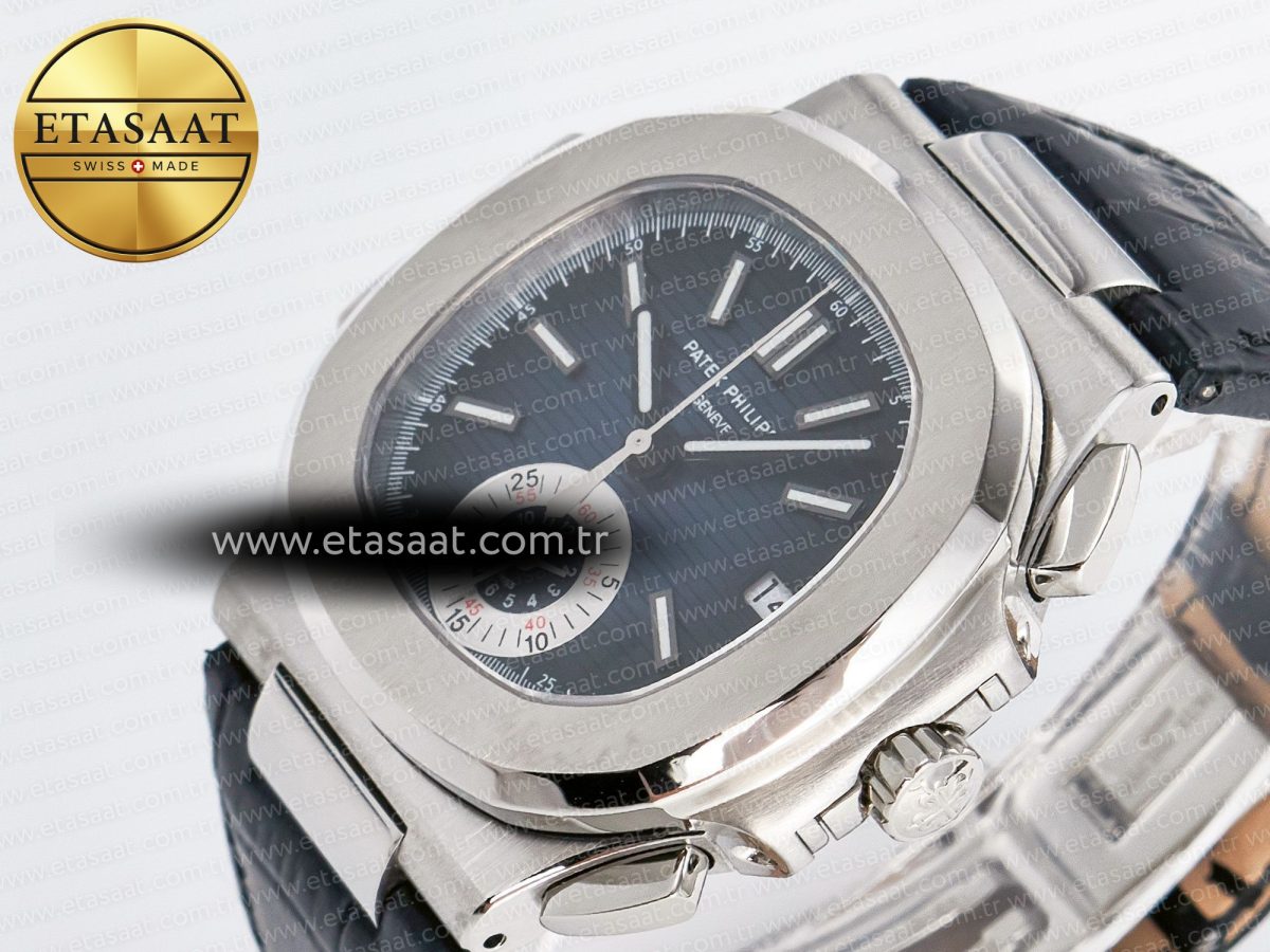Patek Philippe Nautilus 5980 SS Blue/SS Dial on on Black Leather Strap A7750 - Görsel 6