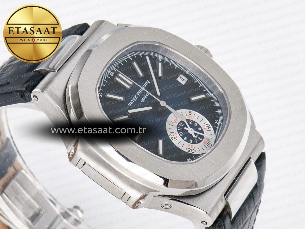 Patek Philippe Nautilus 5980 SS Blue/SS Dial on on Black Leather Strap A7750 - Görsel 7