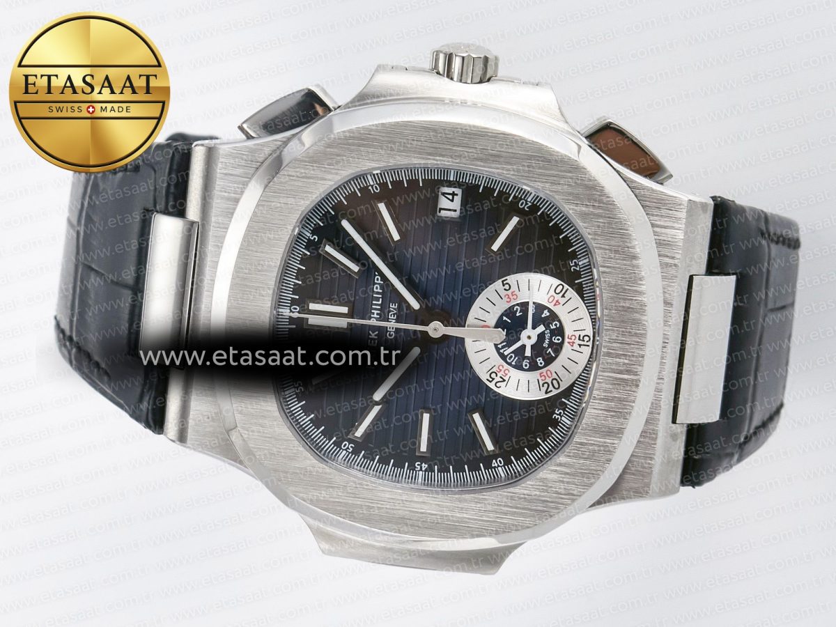 Patek Philippe Nautilus 5980 SS Blue/SS Dial on on Black Leather Strap A7750 - Görsel 9
