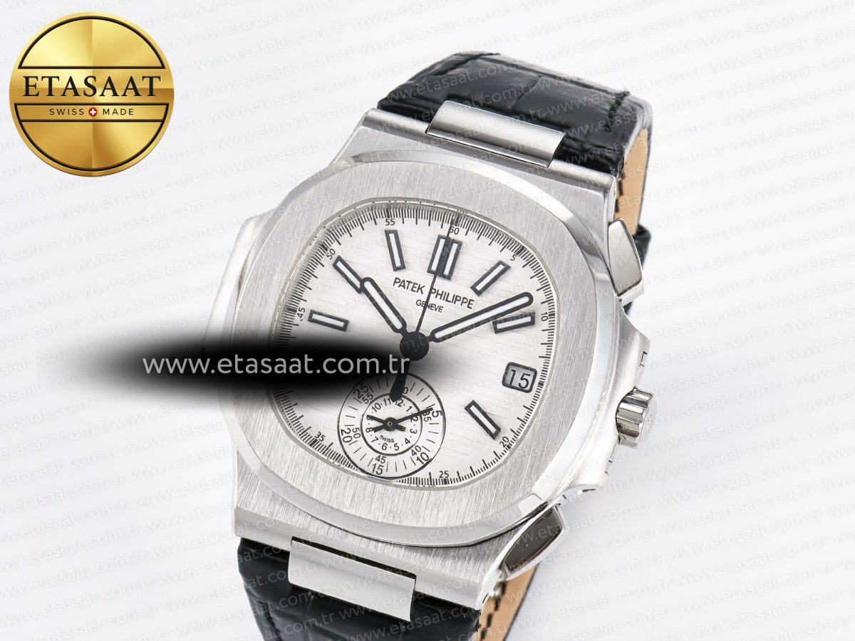 Patek Philippe Nautilus 5980 SS White Dial on on Black Leather Strap A7750 - Görsel 1