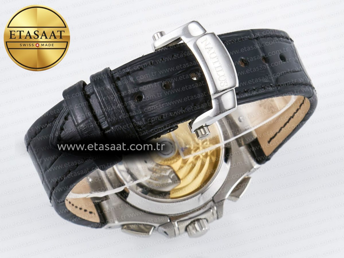 Patek Philippe Nautilus 5980 SS White Dial on on Black Leather Strap A7750 - Görsel 15