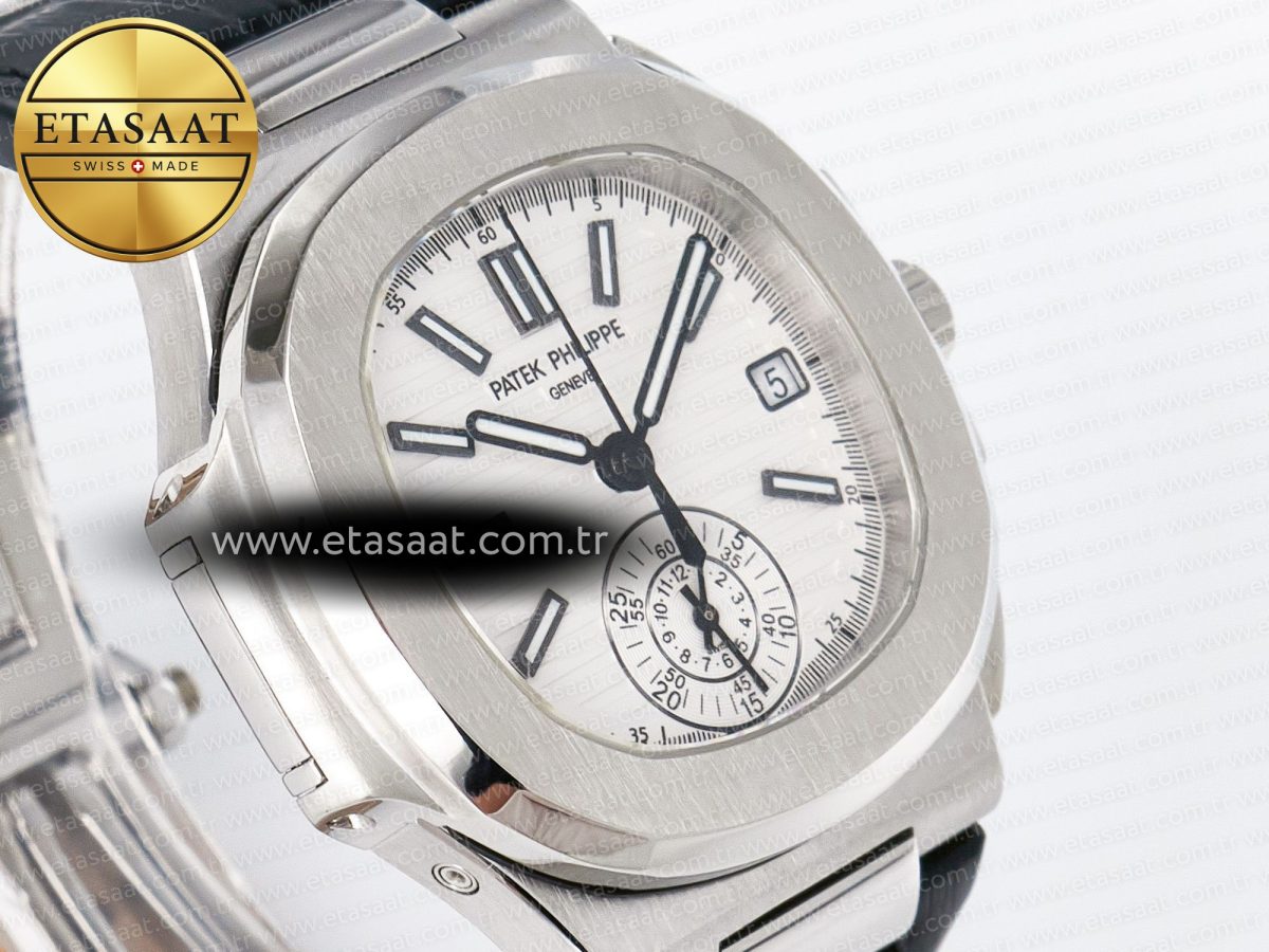 Patek Philippe Nautilus 5980 SS White Dial on on Black Leather Strap A7750 - Görsel 5