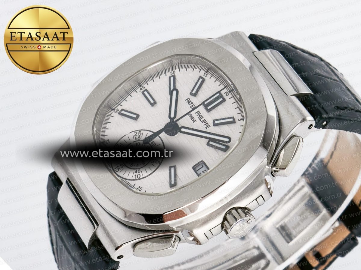 Patek Philippe Nautilus 5980 SS White Dial on on Black Leather Strap A7750 - Görsel 6