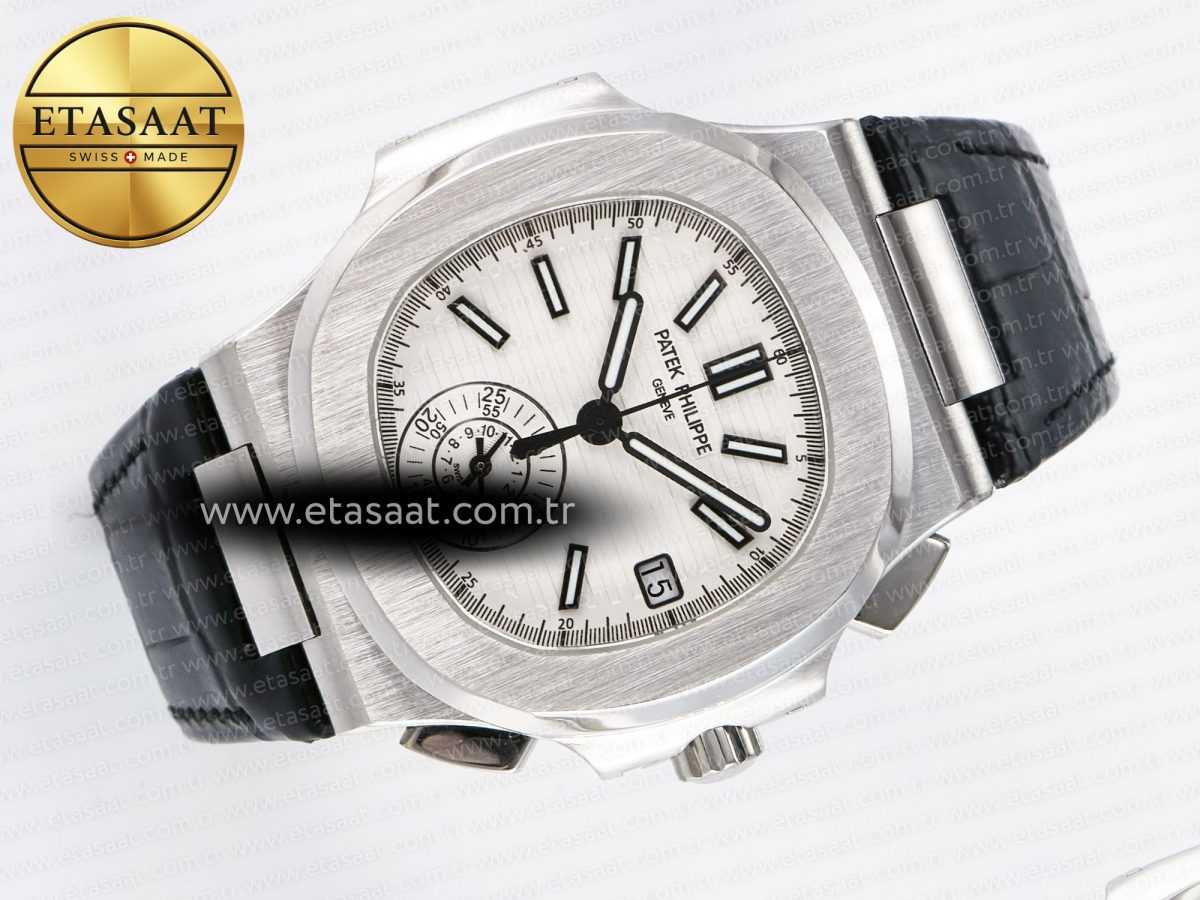 Patek Philippe Nautilus 5980 SS White Dial on on Black Leather Strap A7750 - Görsel 8