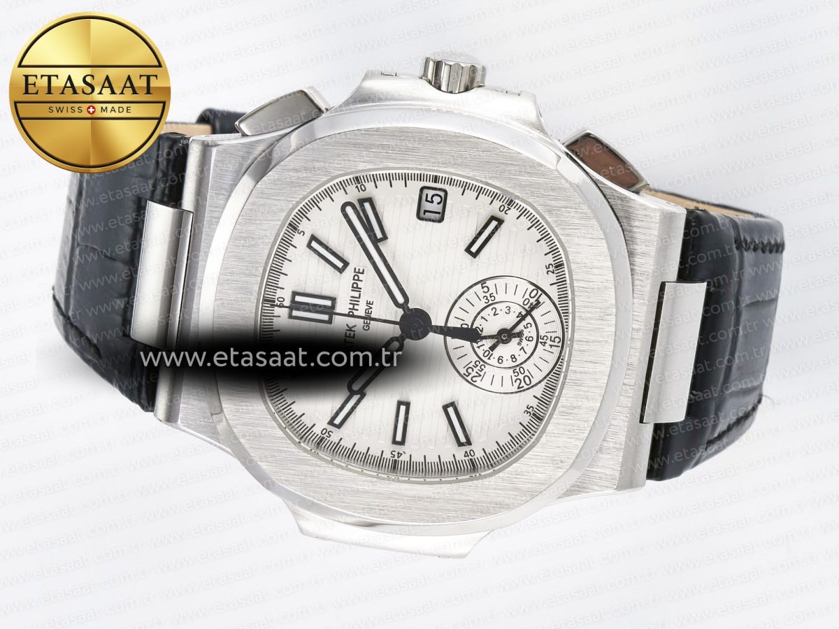 Patek Philippe Nautilus 5980 SS White Dial on on Black Leather Strap A7750 - Görsel 9
