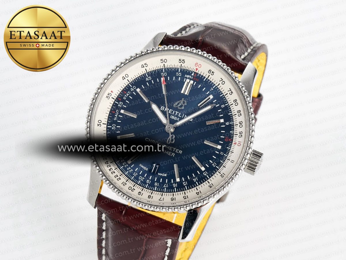 Navitimer 1 SS 41mm TF 1:1 Best Edition White Bezel Blue Dial on Brown Leather Strap A2824 - Görsel 1