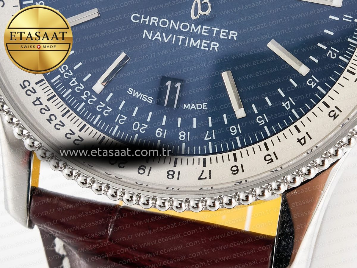 Navitimer 1 SS 41mm TF 1:1 Best Edition White Bezel Blue Dial on Brown Leather Strap A2824 - Görsel 12