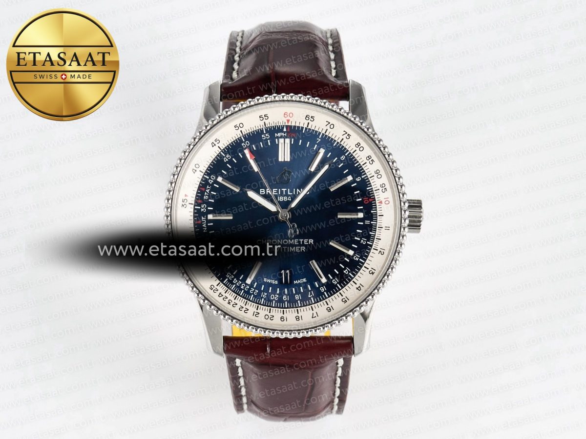 Navitimer 1 SS 41mm TF 1:1 Best Edition White Bezel Blue Dial on Brown Leather Strap A2824 - Görsel 3