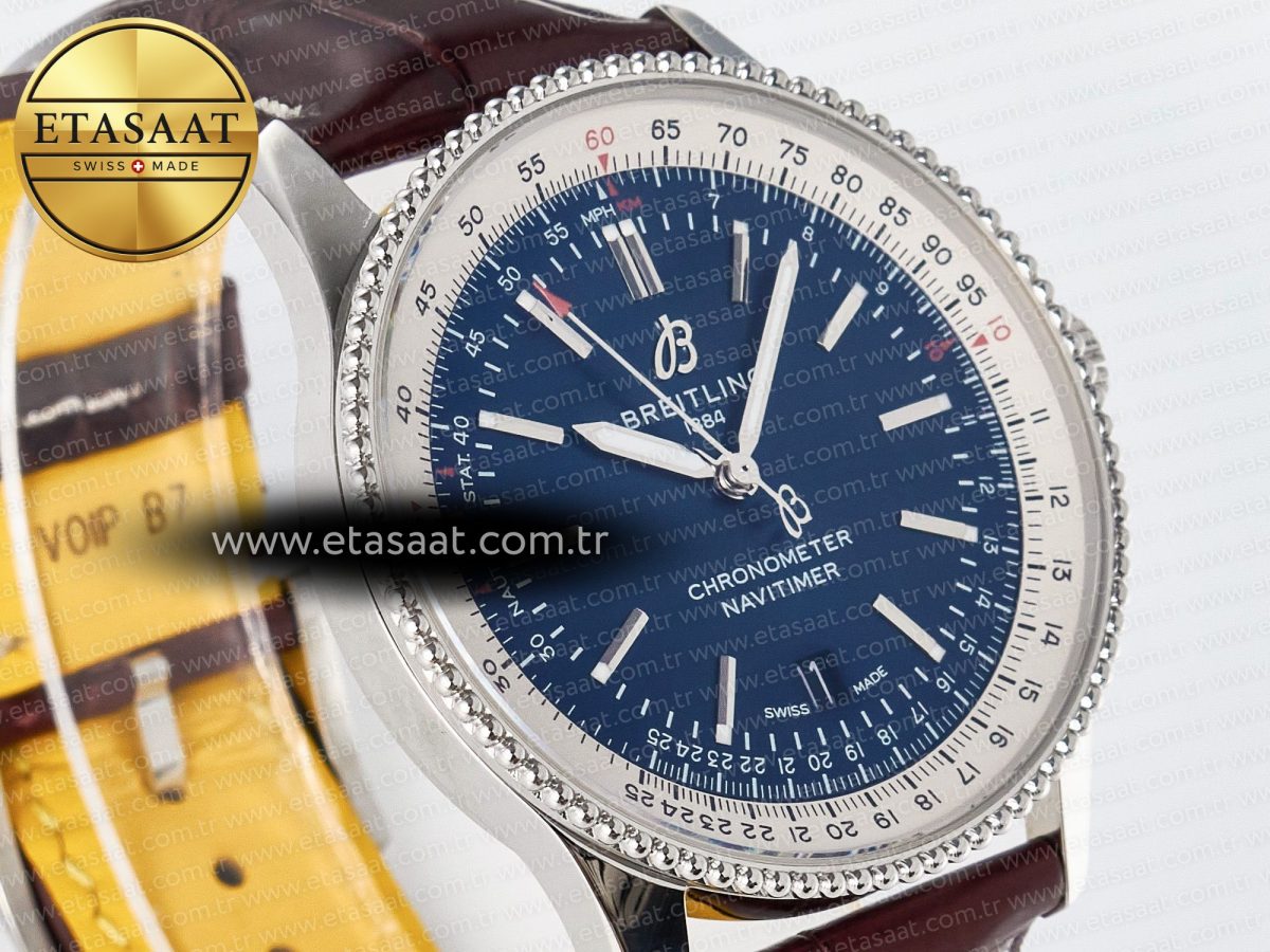 Navitimer 1 SS 41mm TF 1:1 Best Edition White Bezel Blue Dial on Brown Leather Strap A2824 - Görsel 5