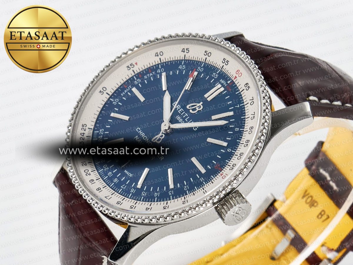 Navitimer 1 SS 41mm TF 1:1 Best Edition White Bezel Blue Dial on Brown Leather Strap A2824 - Görsel 6