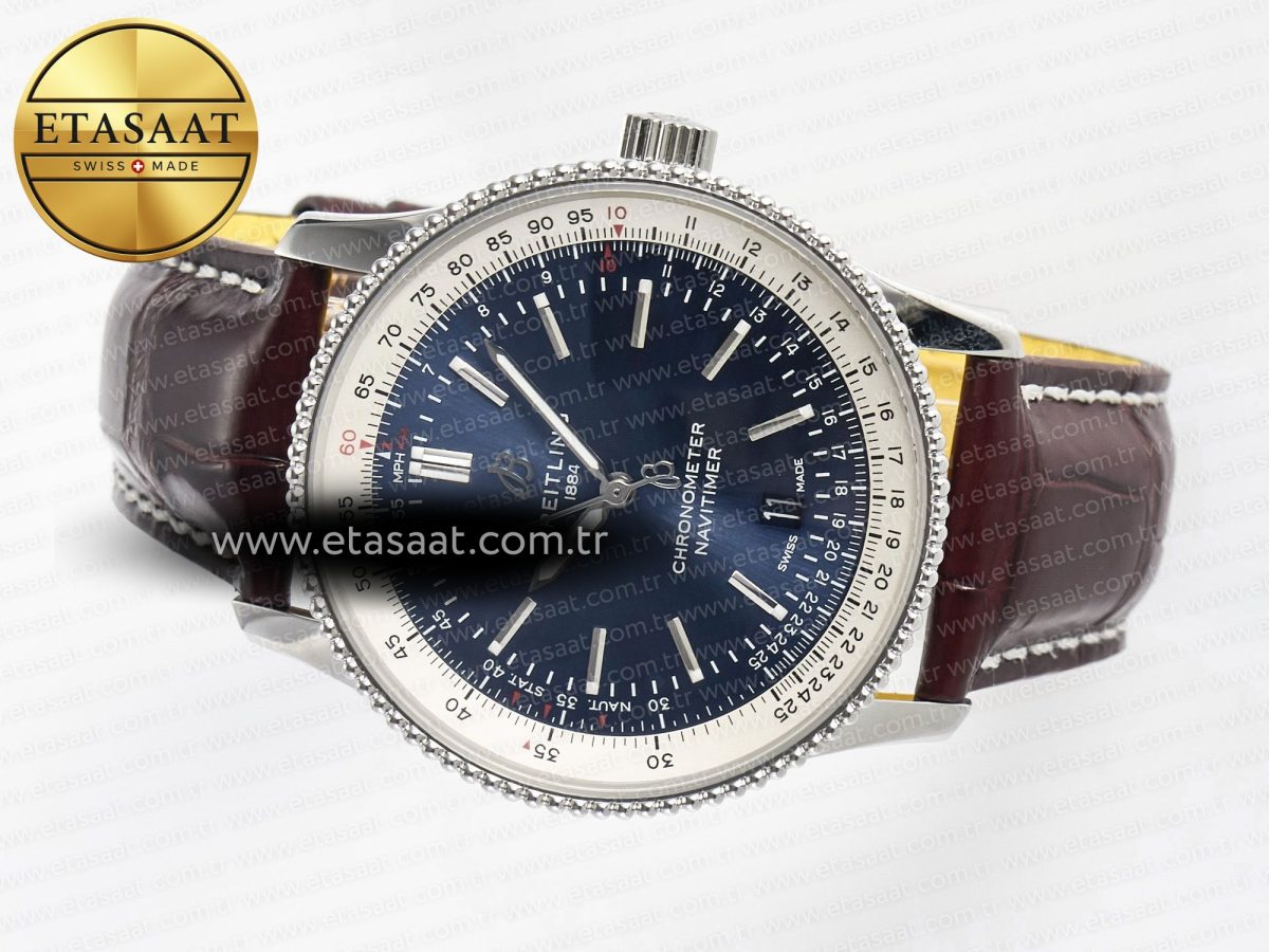 Navitimer 1 SS 41mm TF 1:1 Best Edition White Bezel Blue Dial on Brown Leather Strap A2824 - Görsel 9