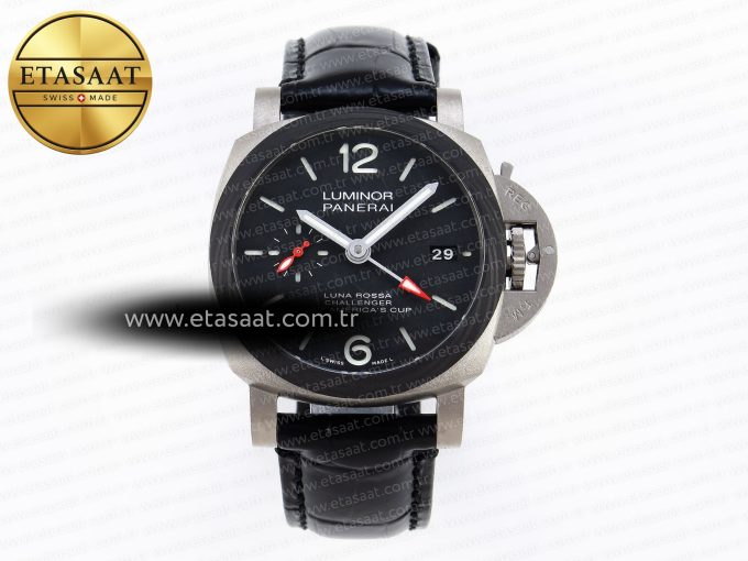 PAM1096 W LUMINOR GMT 42MM TITANIUM VSF 1:1 BEST EDITION BLACK DIAL ON BLACK LEATHER STRAP P.9011 SUPER CLONE - Görsel 3