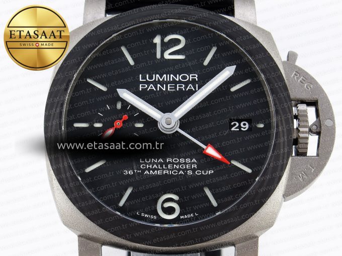 PAM1096 W LUMINOR GMT 42MM TITANIUM VSF 1:1 BEST EDITION BLACK DIAL ON BLACK LEATHER STRAP P.9011 SUPER CLONE - Görsel 4