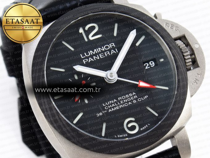 PAM1096 W LUMINOR GMT 42MM TITANIUM VSF 1:1 BEST EDITION BLACK DIAL ON BLACK LEATHER STRAP P.9011 SUPER CLONE - Görsel 5