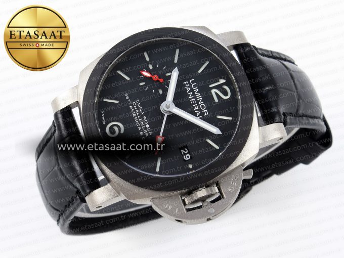 PAM1096 W LUMINOR GMT 42MM TITANIUM VSF 1:1 BEST EDITION BLACK DIAL ON BLACK LEATHER STRAP P.9011 SUPER CLONE - Görsel 7