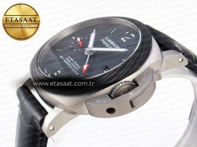 PAM1096 W LUMINOR GMT 42MM TITANIUM VSF 1:1 BEST EDITION BLACK DIAL ON BLACK LEATHER STRAP P.9011 SUPER CLONE - Görsel 8