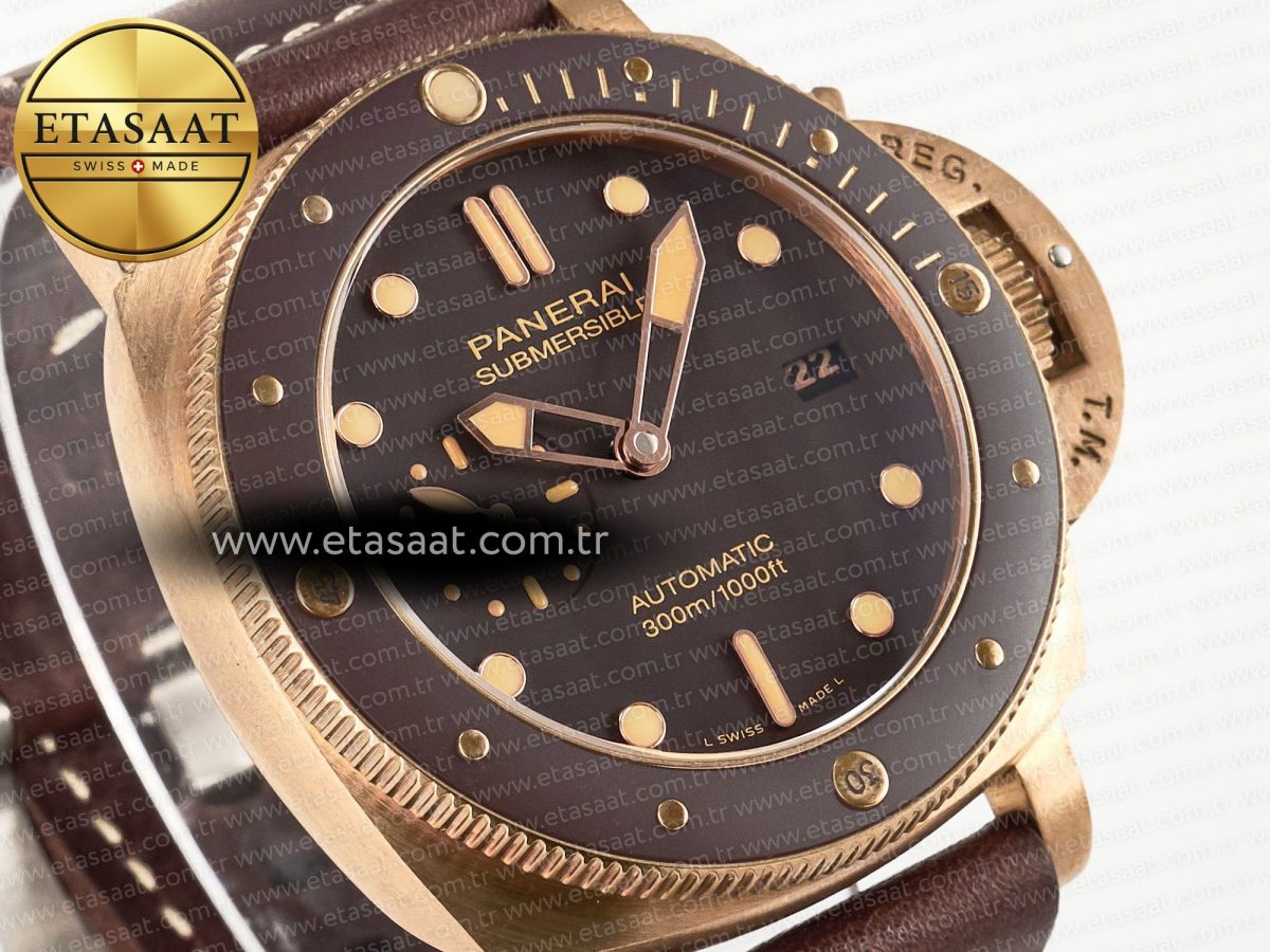 PAM968 V Bronzo VSF 1:1 Best Edition Brown Ceramic Bezel and Dial on Brown Calfskin Strap P.9010 Clone - Görsel 5