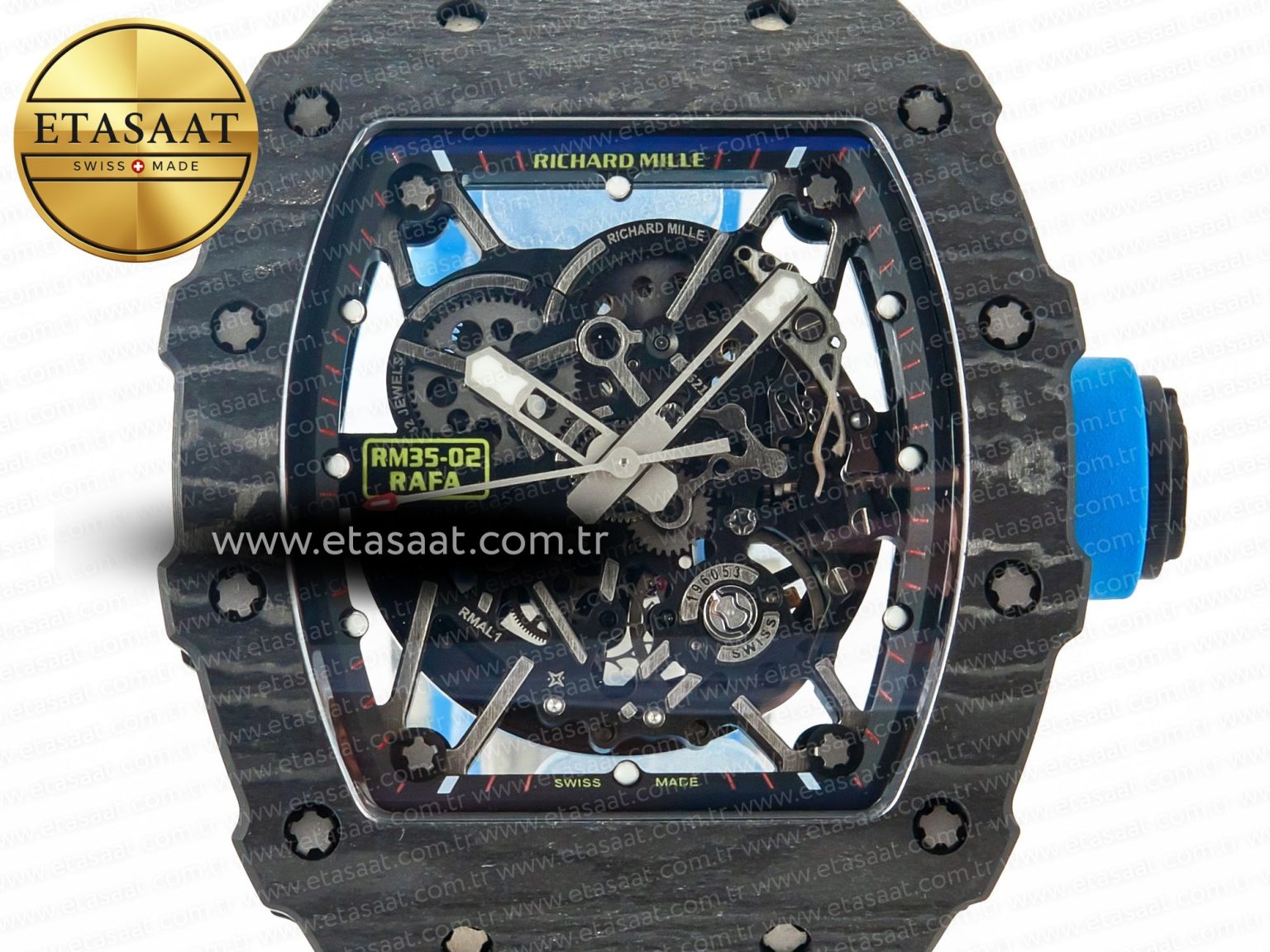 RM035 Carbon SONIC Best Edition Skeleton Dial on Blue Rubber Strap Clone RMUL2 V2 - Görsel 4