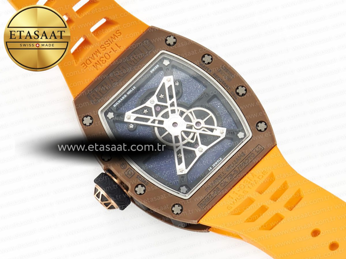 RM052-05 Brown Ceramic Bezel Carbon Case YSF Best Edition Skeleton Dial on Orange Rubber Strap Tourbillon - Görsel 16