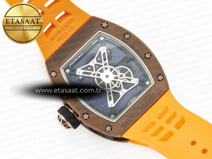 RM052-05 Brown Ceramic Bezel Carbon Case YSF Best Edition Skeleton Dial on Orange Rubber Strap Tourbillon - Görsel 16