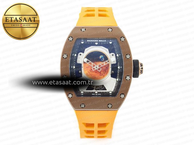 RM052-05 Brown Ceramic Bezel Carbon Case YSF Best Edition Skeleton Dial on Orange Rubber Strap Tourbillon - Görsel 3