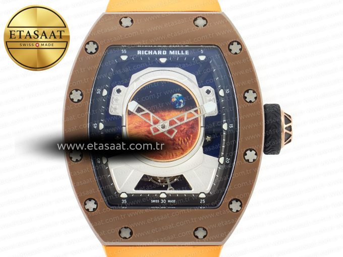 RM052-05 Brown Ceramic Bezel Carbon Case YSF Best Edition Skeleton Dial on Orange Rubber Strap Tourbillon - Görsel 4
