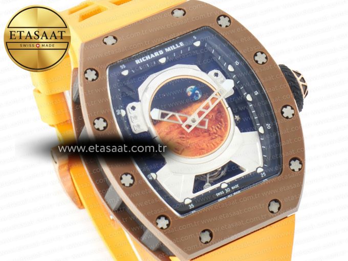 RM052-05 Brown Ceramic Bezel Carbon Case YSF Best Edition Skeleton Dial on Orange Rubber Strap Tourbillon - Görsel 5