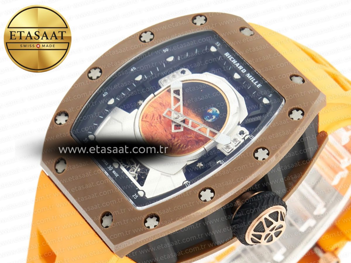 RM052-05 Brown Ceramic Bezel Carbon Case YSF Best Edition Skeleton Dial on Orange Rubber Strap Tourbillon - Görsel 6
